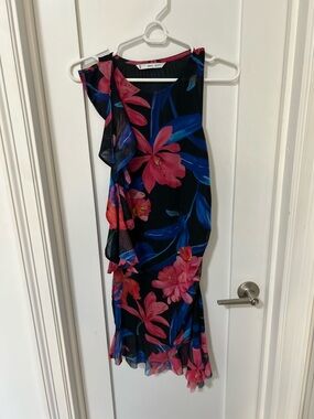 Mango One-Shoulder Floral Ruffle Dress in Black, Pink & Blue